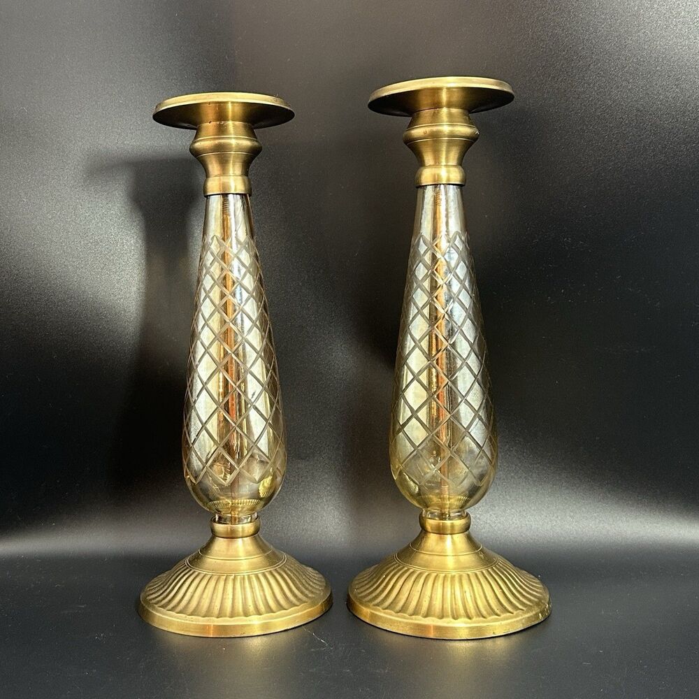 Vintage Brass Glass Candlestick Pair Diamond Cut 11.5” Hollywood Regency